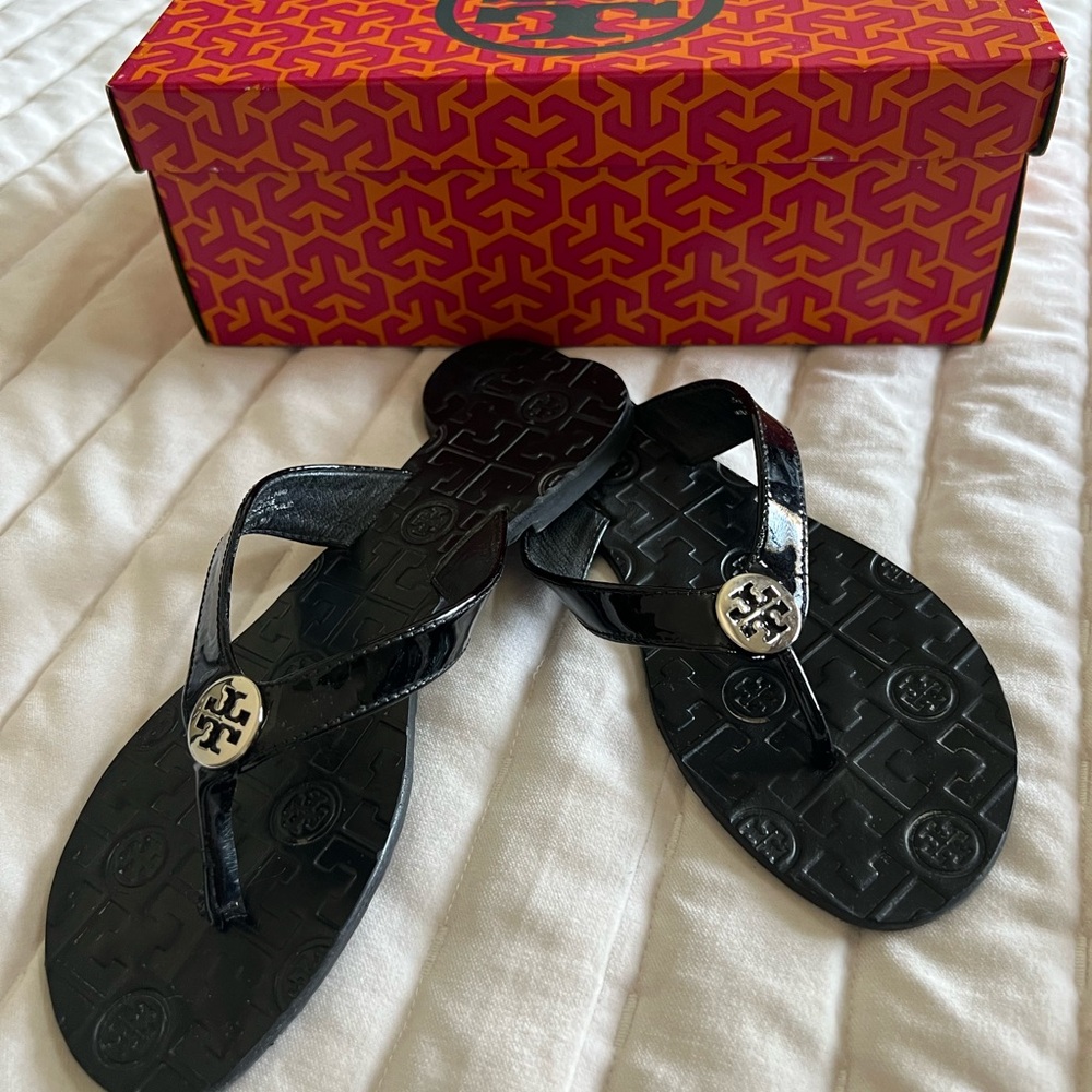 Tory Burch Black Thora Sandals with Silver Accents